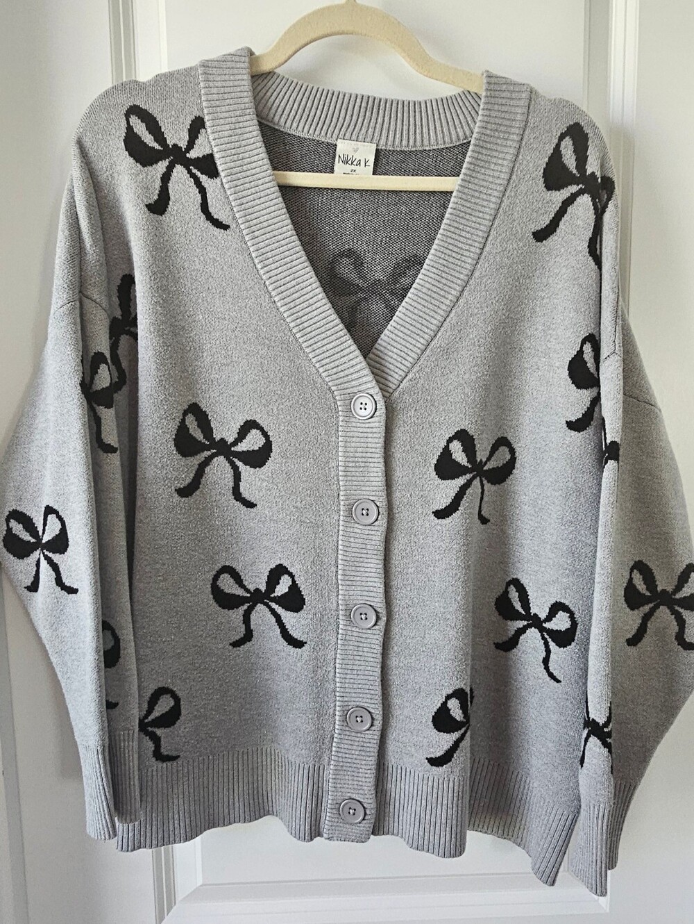 Nikka V. Gray Bow-Print Button Cardigan